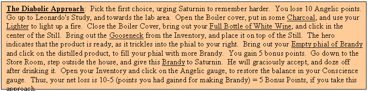 Text Box: The Diabolic Approach: Pick the first choice, urging Saturnin to remember harder. You lose 10 Angelic points. Go up to Leonardo's Study, and towards the lab area. Open the Boiler cover, put in some Charcoal, and use your Lighter to light up a fire. Close the Boiler Cover, bring out your Full Bottle of White Wine, and click in the center of the Still. Bring out the Gooseneck from the Inventory, and place it on top of the Still. The hero indicates that the product is ready, as it trickles into the phial to your right. Bring out your Empty phial of Brandy and click on the distilled product, to fill your phial with more Brandy. You gain 5 bonus points. Go down to the Store Room, step outside the house, and give this Brandy to Saturnin. He will graciously accept, and doze off after drinking it. Open your Inventory and click on the Angelic gauge, to restore the balance in your Conscience gauge. Thus, your net loss is 10-5 (points you had gained for making Brandy) = 5 Bonus Points, if you take this approach.
